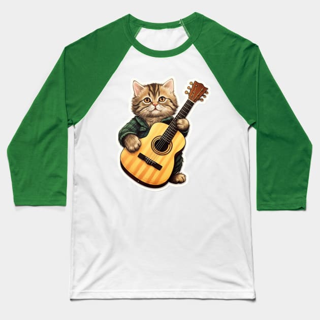 Cat Playing Guitar - Funny Guitar Cat T-Shirt Baseball T-Shirt by emblemat2000@gmail.com